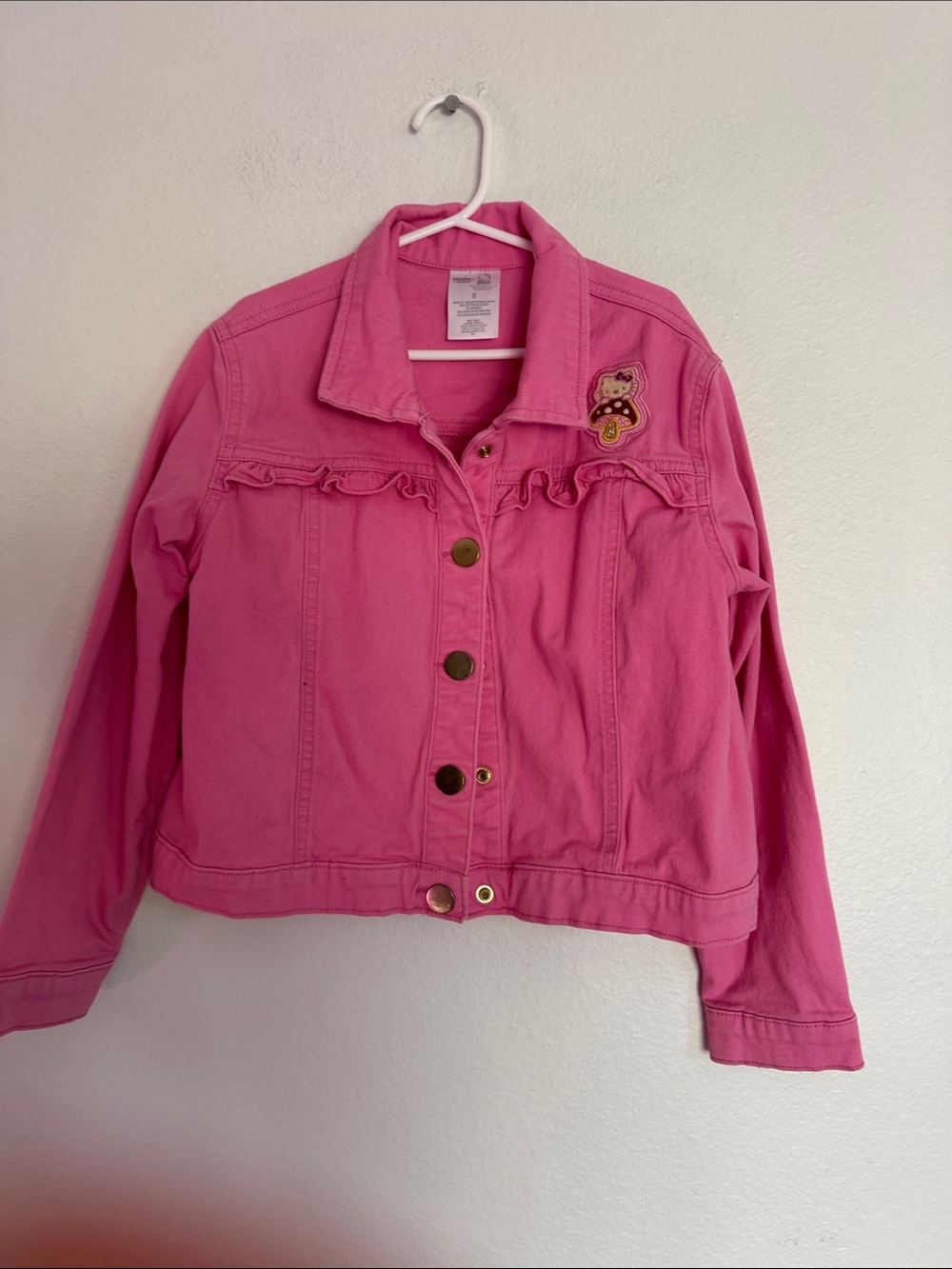 Girls' Pink Hellp Kitty Denim Jacket with Ruffle Trim
